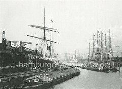 Schiffe im Baakenhafen - Hafenbecken im Hamburger Hafen - Flussschiffe und Frachtsegler im Kai und am Liegeplatz in der Mitte des Hafenbeckens.