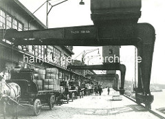 Blick auf den Versmannkai im Hamburger Baakenhafen; Pferd und Wagen / Pferdefuhrwerke sind mit Apfelsinenkisten beladen - Portalkräne.