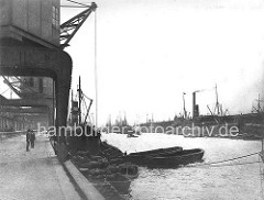 Historische Ansicht vom Baakenhafen in Hamburg; Portalkran und Frachtschiff mit Schuten - auf der gegenüberliegenden Seite der Petersenkai mit einem Dampfschiff.