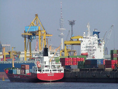 Blick vom Ellerholzhafen zu den Krananlagen des Kaiser-Wilhem-Hafens im Hamburger Hafen - im Hintergrund der Heinrich-Hertz-Turm / Telemichel. (2002)