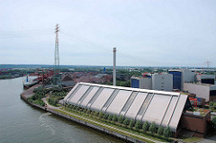Köhlbrand bei Hamburg Waltershof / Altenwerder; im Vordergrund die Müllverwertungsanlage MVR Rugenberger Damm - im Hintergrund der Schüttguthafen Hansaport und das Container Terminal Altenwerder.