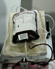Blutspende im Blutspendedienst in Hamburg Eilbek; Kunststoff-  Beutel mit Spenderblut - es werden 500ml.