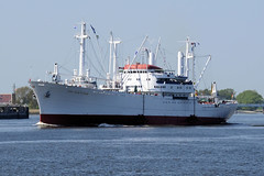Fotos vom Hamburger Hafengeburtstag - Hochbetrieb auf dem Wasser und an Land; das Traditionsschiff / Museumsschiff Cap San Diego bei der Einlaufparade auf der Elbe.