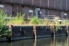 Ziegelwiesenkanal, alter Industriekanal im Hafengebiet in Hamburg Harburg; Kaimauer am Kanal - rostige Streichdalben und Wildkraut am Kanalufer. (2010)
