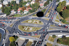 Strassenkreuzung mit Kreisverkehr an der Weichsel von Krakau / Krakow.