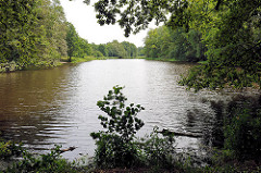 Blick auf den Lottbeker Teich in Hoisbüttel / Ammersbek - die Ufer vom kleinen See sind dicht mit Bäumen und Büschen bewachsen.