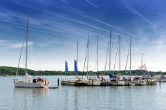Sportboothafen an der Schlei beim ehem. Hafen der Stadt Schleswig - ein Segelboot läuft unter Motor aus der Marina aus.