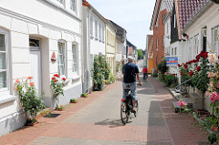 Einstöckige Wohnhäuser - enge Strasse, blühende Rosen am Strassenrand - Bilder aus der Stadt Schleswig.