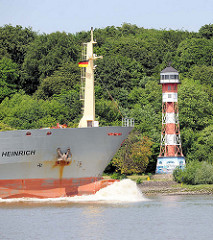 Das Tankschiff HEINRICH auf der Elbe vor Hamburg - am Elbufer der Leuchtturm von Wittenbergen.