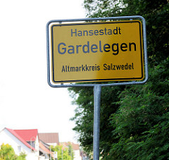 Ortsschild Hansestadt Gardelegen, Altmarkkreis Salzwedel.