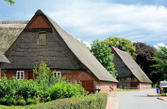 Reetdachhäuser, Bauernhäuser an der Dorfstrasse von Seestermühe.