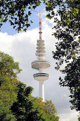 Hamburger Fernsehturm, Heinricht Hertz Turm zwischen den Blättern der Bäume des Schanzenparks im Hamburger Stadtteil Sternschanze.