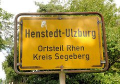Ortsschild Henstedt-Ulzburg, Ortsteil Rhen, Kreis Segeberg.