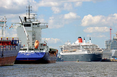 Frachtschiffe an den Dalben in der Norderelbe - im Hintergrund das Kreuzfahrtschiff am Kreuzfahrtterminal der Hamburger Hafencity.