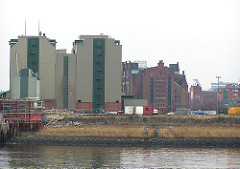 Sandtorhafen mit Speichergebäude der Kaffeelagerei - Gras wächst auf dem Areal der zukünftigen Magellan Terrassen (2004)