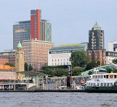 Bilder von den St. Pauli Landungsbrücken - lks. der Uhr und Pegelturm in der Bildmitte das historische Gebäude vom Hotel Hafen Hamburg, in dem sich früher das Seemannshaus befand.