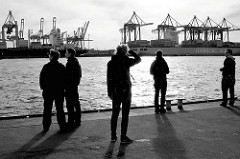 Blick vom Schiffsanleger Hamburg Neumühlen über die Elbe zum Container Terminal Burchardkai in Hamburg Waltershof.