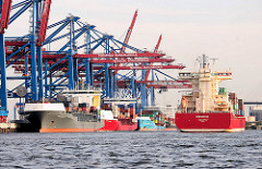 Containerbrücken des HHLA Container Terminals Burchardkai - Containerfeeder liegen am Kai - ein Feederschiff läuft in den Waltershofer Hafen ein.