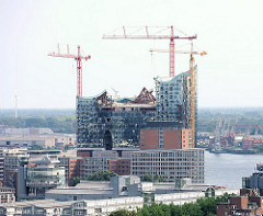 Baustelle der Hamburger Elbphilharmonie im Stadtteil Hafencity - im Hintergrund die histoirschen Hafenkräne und Industriearchitektur am Hansahafen.