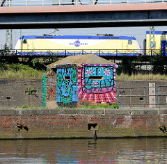 Grafitti am Bunker des Billehafens, Oberhafenkanal - im Hintergrund eine Lokomotive der Metronom.
