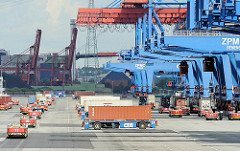 Terminalgelände in Hamburg Altenwerder. Automated Guided Vehicles warten unter der Containerbrücke auf ihre Ladung; andere stehen beladen zur Weiterfahrt bereit.