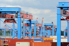 Containerkräne auf dem Lagergelände des HHLA Container Terminals Altenwerder - Portalkranpaare DRMG bei der Arbeit; Ein Portalkranpaar (Double Rail Mounted Gantry – DRMG)lädt den Container zur Zwischenlagerung ab. Das DRMG besteht aus zwei unabhängig