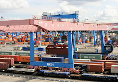 Güterbahnhof auf dem Gelände des Container Terminals Altenwerder - mit Containern beladene Güterwagen stehen unter dem Portalkan.