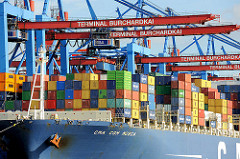 Ladung des Containerschiffs CMA CGM MUSCA am Container Terminal Burchardkai in Hamburg Waltershof.