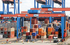 Container werden mit den Double Rail Mounted Gantry – DRMG zu den LKW transportiert.