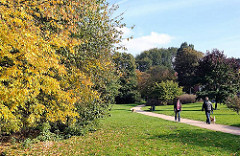 Grünanlage + Spaziergänger am Ufer der Wandse in Hamburg Eilbek - Bäume mit herbstlich gelben Blättern.