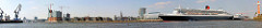 Panorama der Hamburger Hafencity an der Norderelbe - Kreuzfahrtschiff Queen Mary und Prinsendam am Kreuzfahrtterminal Hafencity.