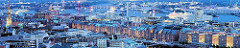 Panorama der Hamburger Speicherstadt - Blaue Stunde im Hamburger Hafen - Blick über den Hamburger Stadtteil Hafencity bei Nacht.