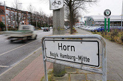 Stadtteilschild Grenzschild Horn, Bezirk Hamburg Mitte.