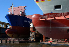 Wulstbug von Schiffsneubauten - Dockanlagen der Steinwerder Norderwerft im Reiherstieg