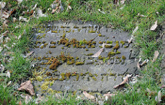 Grabplatte mit Moos und hebräischen Schriftzeichen Friedhof Bahrenfeld, Bornkampsweg.