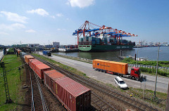 Waltershofer Hafen - Güterzug mit Containern / Containerzug, Satteschlepper beim Containertransport und Containerschiff unter den Containerbrücken des EUROGATE Terminals.