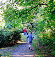 Jogger und Spaziergänger mit Hund im Sven-Simon-Park in Hambug Blankenese.