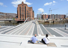 Blick über die Busanbrücke (ehem. Magdeburger Brücke) und dem Magdeburger Hafen Richtung Internationales Maritimes Museum Hamburg.