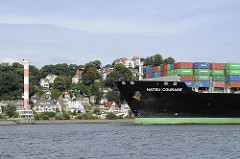 Containerfrachter HATSU COURAGE - Bug des Schiffs Container - Hintergrund Hamburg Blankenese + Leuchtturm.