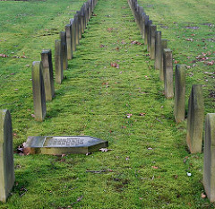 Grabsteine auf dem Ohlsdorfer Friedhof - Kriegsgräber. In der Reihe aufgestellte Grabmale mit Inschrift.