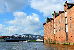 Blick über das Dessauer Ufer im Saalehafen zur Brücke Veddeler Damm, dahinter der Spreehafen und Wohngebäude in Hamburg Veddel.