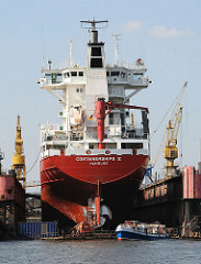 Heckansicht eines Containerfeeders im Schwimmdock am Reiherstieg - ein Schiff der Hafenrundfahrt fährt mit seinen Gästen dicht an die Dockanlage auf HH Steinwerder.