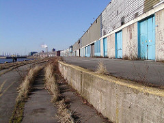Verlassene Kaianlage am Versmannkai des Baakenhafens - Lagerschuppen mit Laderampe - Gras wächst aus den Schienen der Hafenbahn (2004)