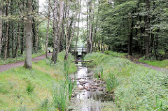 Raakmoorgraben im Hamburger Naturzschutzgebiet Raakmoor - beiderseits des Graben verlaufen Wanderwege - Steine liegen im Wasser.