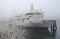 Alte Fähre im Harburger Überwinterungshafen - Nebel über dem Wasser.