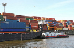 Hafenarbeit auf Hamburg Steinwerder. SChubschiff mit Schute und Containerladung - Containerlager im Kaiser Wilhelm Hafen.
