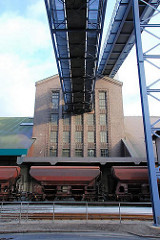 Industriearchitektur im Hamburger Hafen - Kali Umschlagsanlage an der Rethe; Architekt Hermann Muthesius. Güterwaggons stehen auf der Gleisanlage vor dem Gebäude in Hamburg Wilhelmsburg.