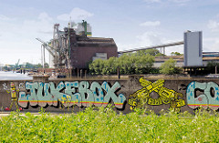 Mit Grafitti dekorierte Flutmauer am Reiherstieg in Hamburg Wilhelmsburg - Silogebäude am Kanal.