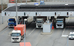 Zollabfertigung auf dem HHLA Container Terminal Altenwerder - Lastwagen mit Containern fahren durch die Zollkontrolle im Hamburger Hafen.