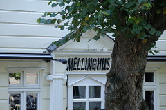 Historische Architektur - Schriftzug Mellinghus, Stamm einer Linde / An der Alsterschleife.